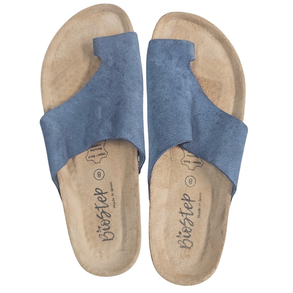 Biostep Blue Suede Toe Loop Slide Sandals Made in Spain Womens 8 Cork Footbed